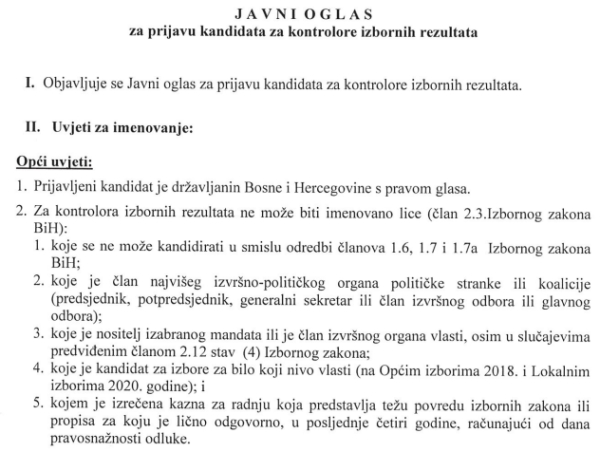 Javni natječaj Izborno povjerenstvo Grada Mostara - Kontrolori